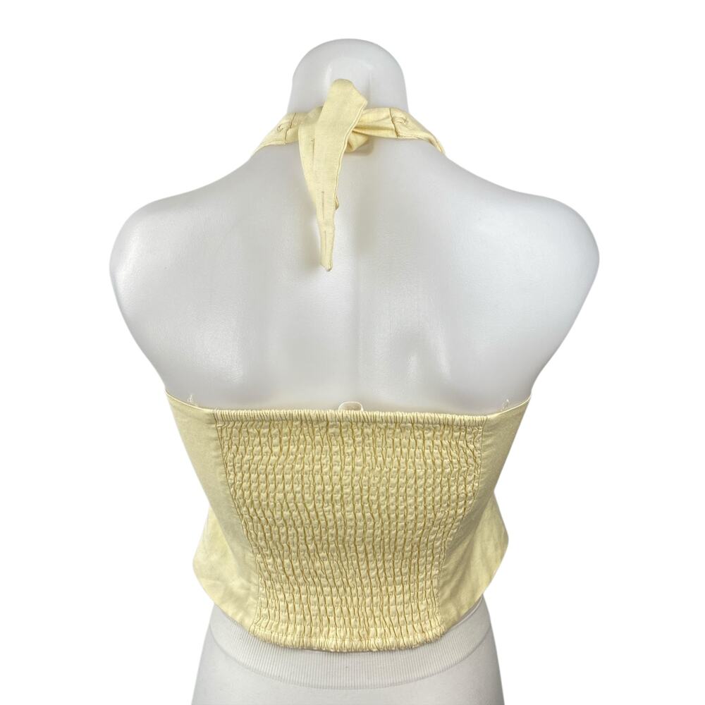 ASTR The Label Yellow Halter Pintucked Smocked Tie Sleeveless Crop Top Size S - Picture 4 of 6